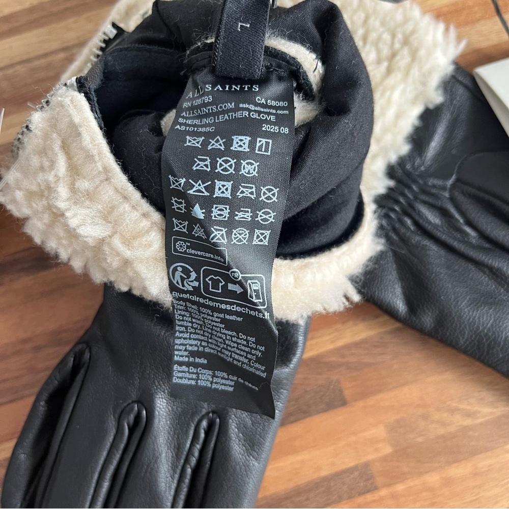 AllSaints Shearling Black Leather Gloves with Ecru Shearling cuff Zipper details - Picture 12 of 13